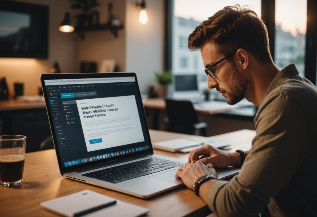 Image photoréaliste d'un web designer freelance travaillant sur un ordinateur portable élégant, avec un modèle de site WordPress affiché, dans un espace de travail moderne à l'éclairage ambiant chaleureux.