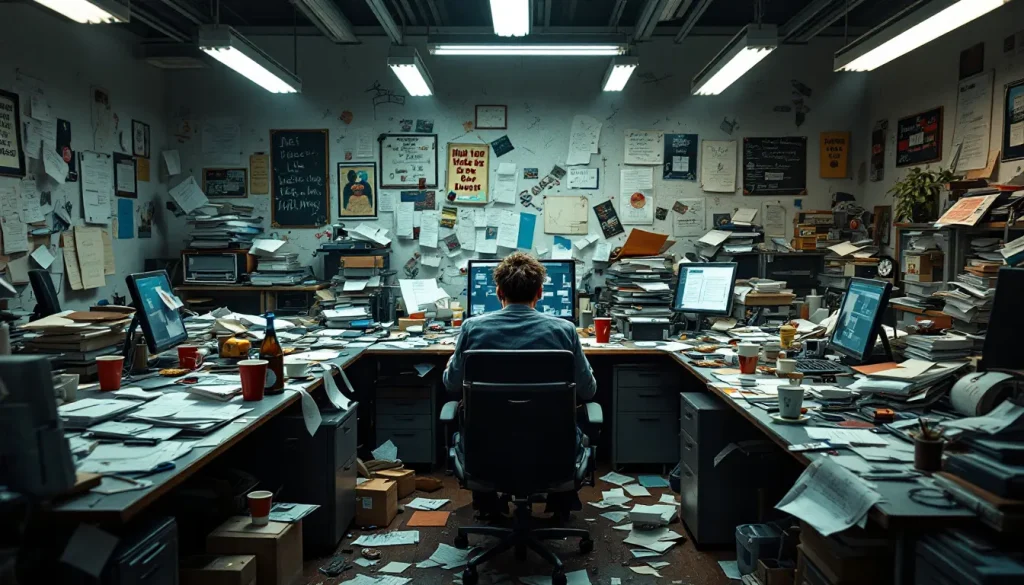 Bureau partagé encombré de papiers, de tasses et de matériel informatique, créant une ambiance chaotique.