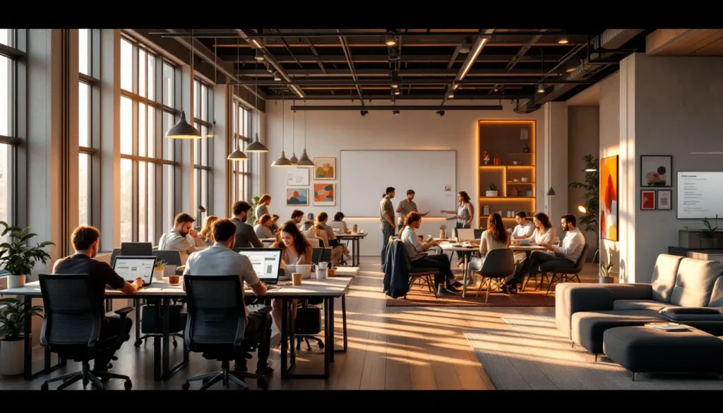 Espace de coworking lumineux et convivial avec des personnes travaillant ensemble.