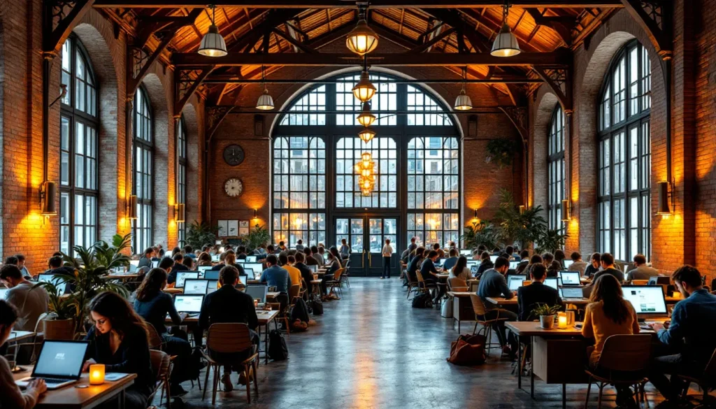 Espace de coworking dynamique avec des bureaux modernes, des personnes travaillant ensemble et une ambiance créative.