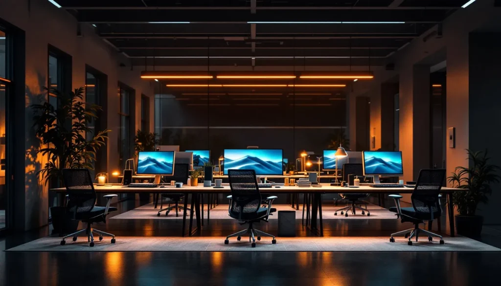 Espace de travail collaboratif moderne avec des bureaux partagés, des fauteuils confortables et des équipements technologiques.