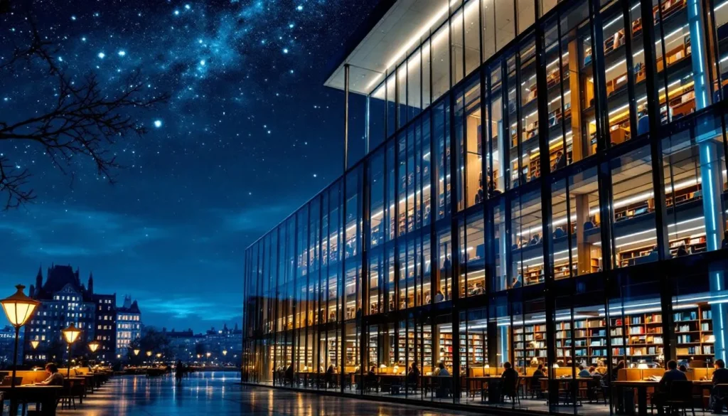 La bibliothèque nationale illuminée de nuit, révélant son architecture majestueuse sous un ciel étoilé.