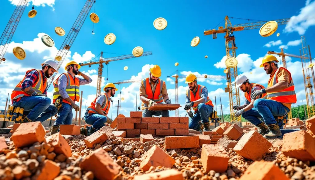 Travailleurs de construction discutant des revenus sur un chantier.