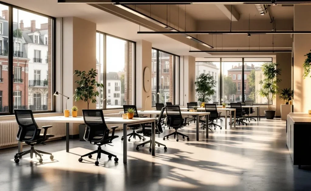 Espace de coworking moderne à Toulouse avec de grands bureaux, une lumière naturelle abondante et une vue sur l’architecture ancienne de la ville.