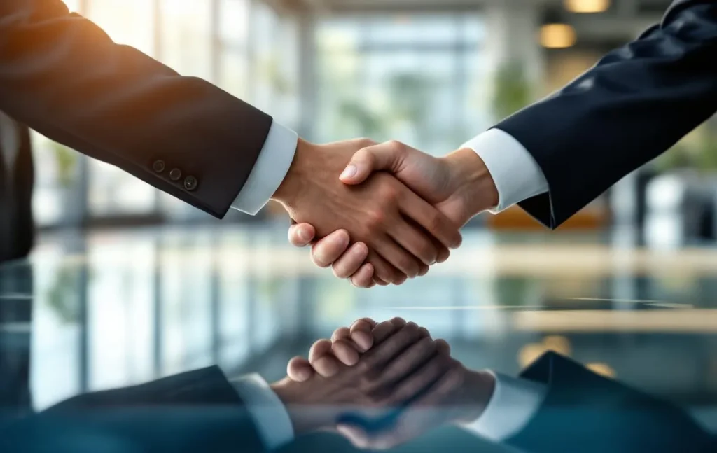 Une poignée de main professionnelle entre deux personnes au-dessus d’un bureau en verre dans un bureau lumineux.