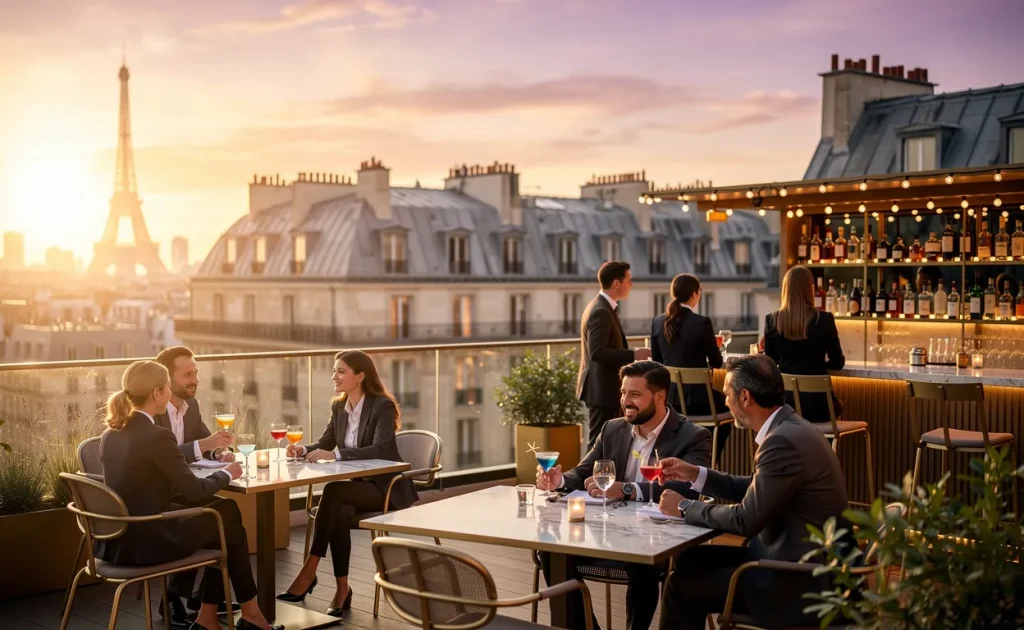 Des professionnels élégants discutent sur un toit-terrasse parisien au coucher du soleil, avec des cocktails et la silhouette de la ville à l’arrière-plan.