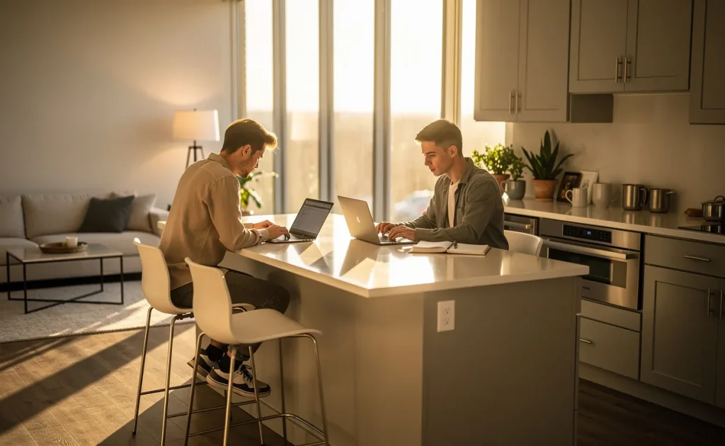 Deux jeunes professionnels travaillent sur des ordinateurs portables à un îlot de cuisine moderne, baignés par la lumière du soleil traversant de grandes fenêtres.