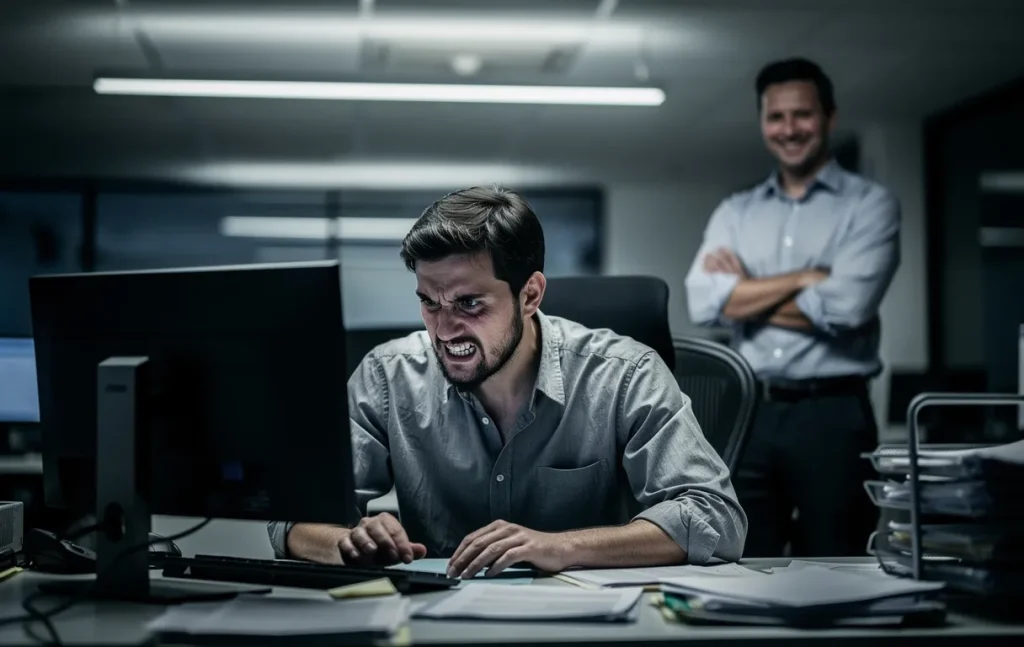 Un employé de bureau assis à son bureau sous des néons froids paraît tendu, tandis qu’un collègue souriant se tient en arrière-plan.