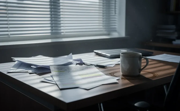 Un bureau solitaire avec des papiers éparpillés et une tasse de café froide sous une lumière matinale filtrée par des stores partiellement fermés.
