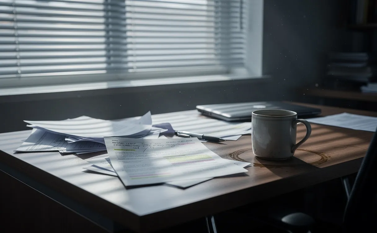 Un bureau solitaire avec des papiers éparpillés et une tasse de café froide sous une lumière matinale filtrée par des stores partiellement fermés.