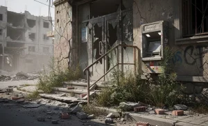 Succursale bancaire abandonnée dans une ville en ruines avec des herbes folles à l’entrée et un distributeur de billets poussiéreux.