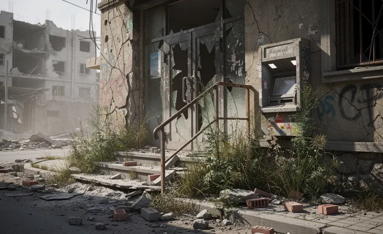 Succursale bancaire abandonnée dans une ville en ruines avec des herbes folles à l’entrée et un distributeur de billets poussiéreux.