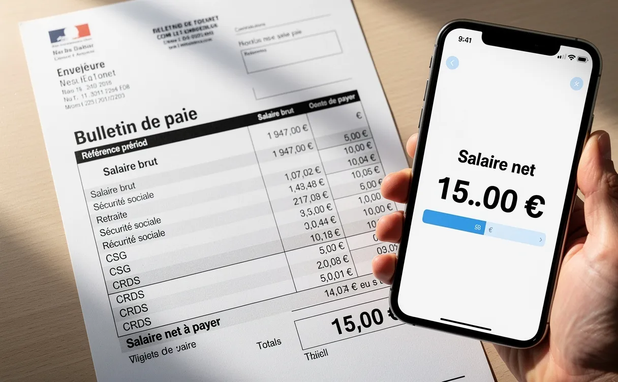 Une fiche de paie française détaillée affichant un salaire brut de 1947 euros avec une main tenant un smartphone montrant le salaire net à côté, éclairée par une lumière douce.
