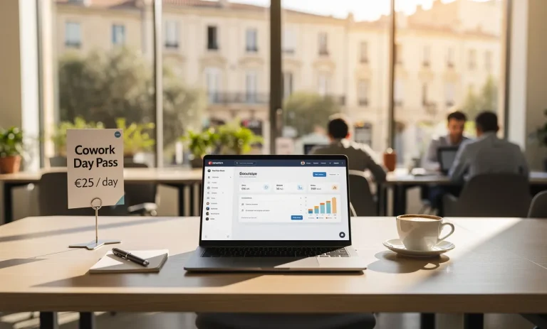Espace de coworking moderne à Montpellier avec un bureau individuel, un ordinateur portable, une tasse de café et un panneau de tarification sous la lumière du jour.