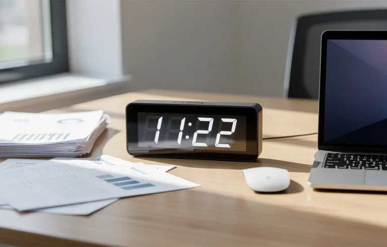 Un bureau moderne avec une horloge numérique affichant 11h22, des papiers et un ordinateur portable, éclairé par la lumière naturelle d'une fenêtre.