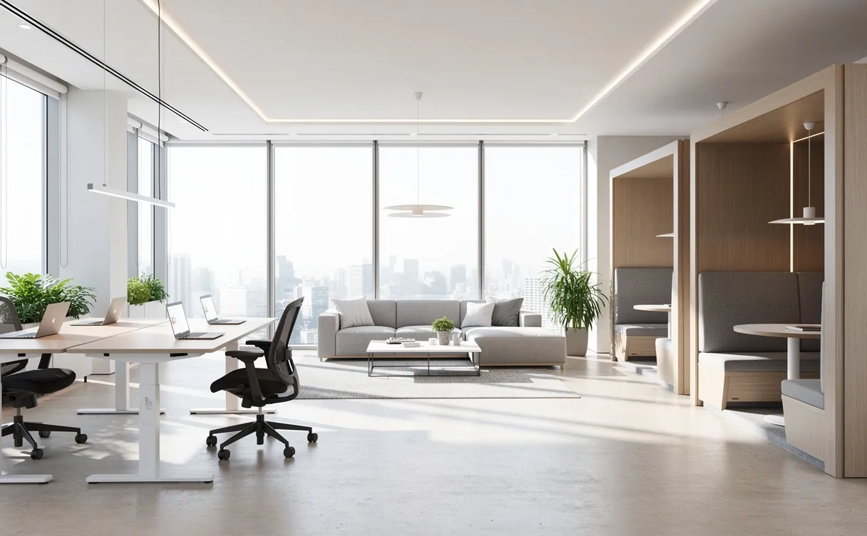 Un bureau moderne et lumineux avec divers espaces assis, de grandes fenêtres et une ambiance ordonnée.