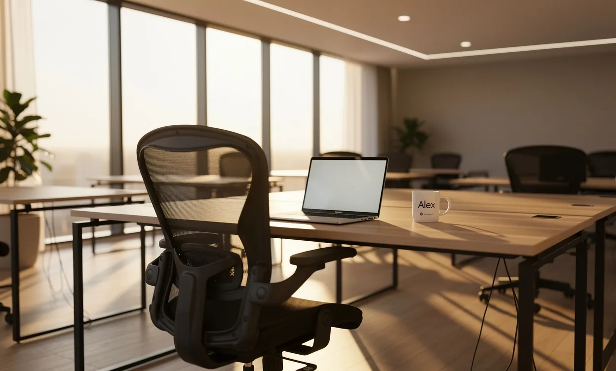 Un bureau moderne et ordonné avec quelques postes de travail vides, un ordinateur portable, une tasse personnalisée et un fauteuil ergonomique au centre, éclairé par la lumière matinale traversant de grandes fenêtres.