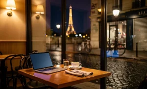 Un café parisien moderne avec de grandes fenêtres et un ordinateur portable sur une table, la nuit, avec la tour Eiffel illuminée au loin.