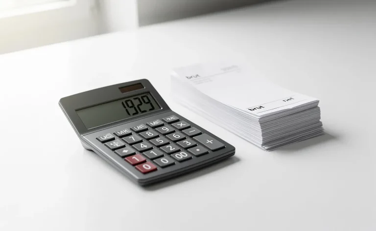 Un bureau blanc avec une calculatrice affichant 1929 et un tas de fiches de paie marquées « brut » et « net » éclairés par la lumière du jour.