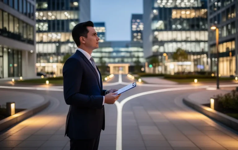 Un professionnel d'affaires tient une tablette et observe plusieurs chemins éclairés devant des immeubles de bureaux modernes.