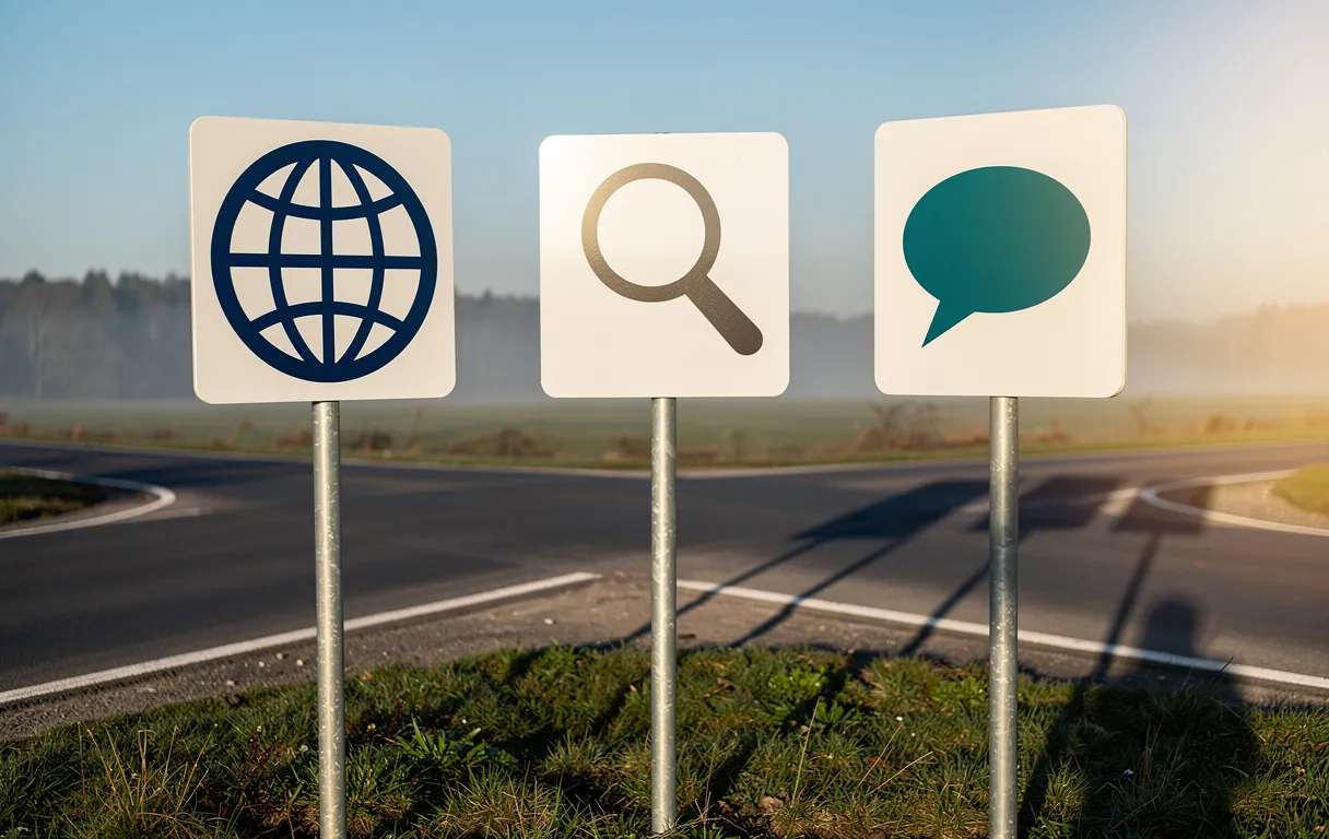 Trois panneaux routiers distincts affichant un globe, une loupe et une bulle de dialogue se dressent à un carrefour sous un ciel bleu clair.
