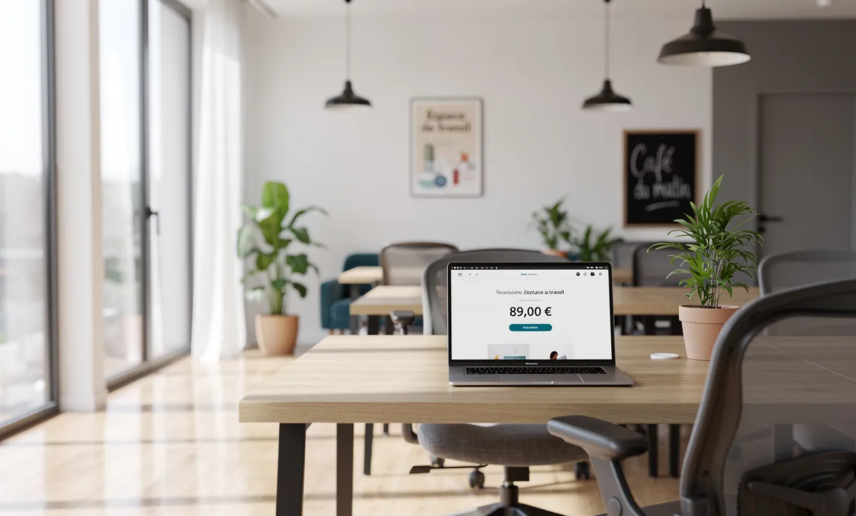 Espace de coworking moderne à Rennes avec de grandes fenêtres, un bureau partagé et un ordinateur portable affichant une étiquette de prix, baigné de lumière naturelle du matin et décoré sobrement à la française.