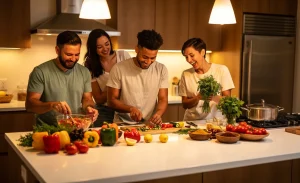 Un petit groupe de personnes prépare un repas ensemble autour d’un îlot de cuisine, avec des ingrédients frais et une lumière dorée.
