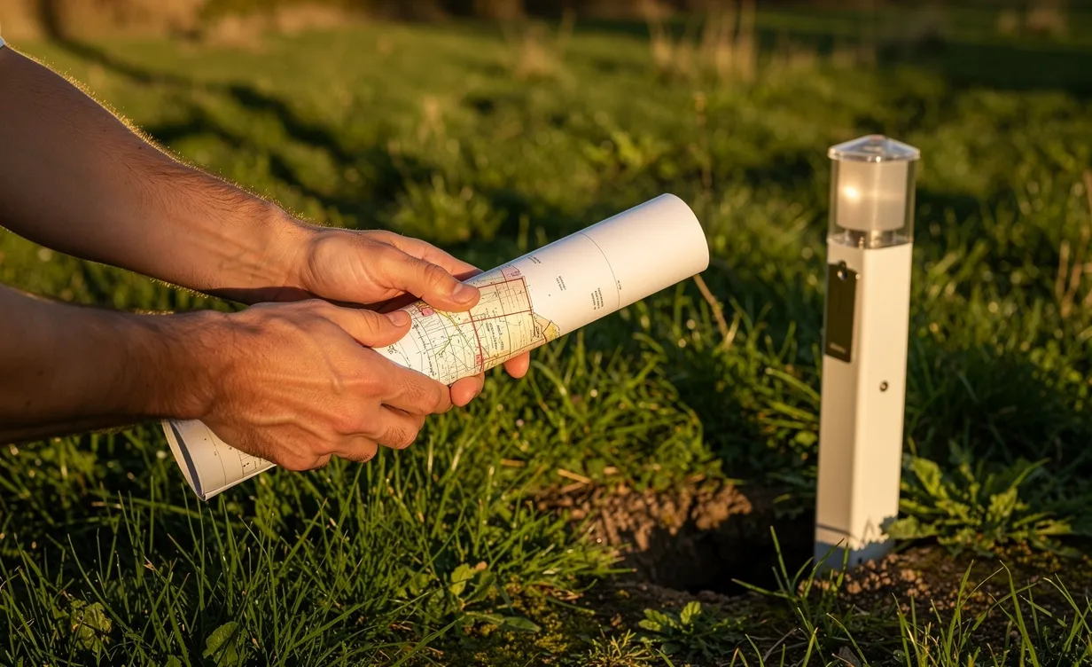Deux mains s’échangent un plan cadastral roulé près d’une borne sur un terrain herbeux éclairé par la lumière du soleil.