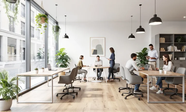 Un espace de coworking lumineux à Nantes avec de grandes fenêtres, du mobilier minimaliste et des plantes invitant à la collaboration.