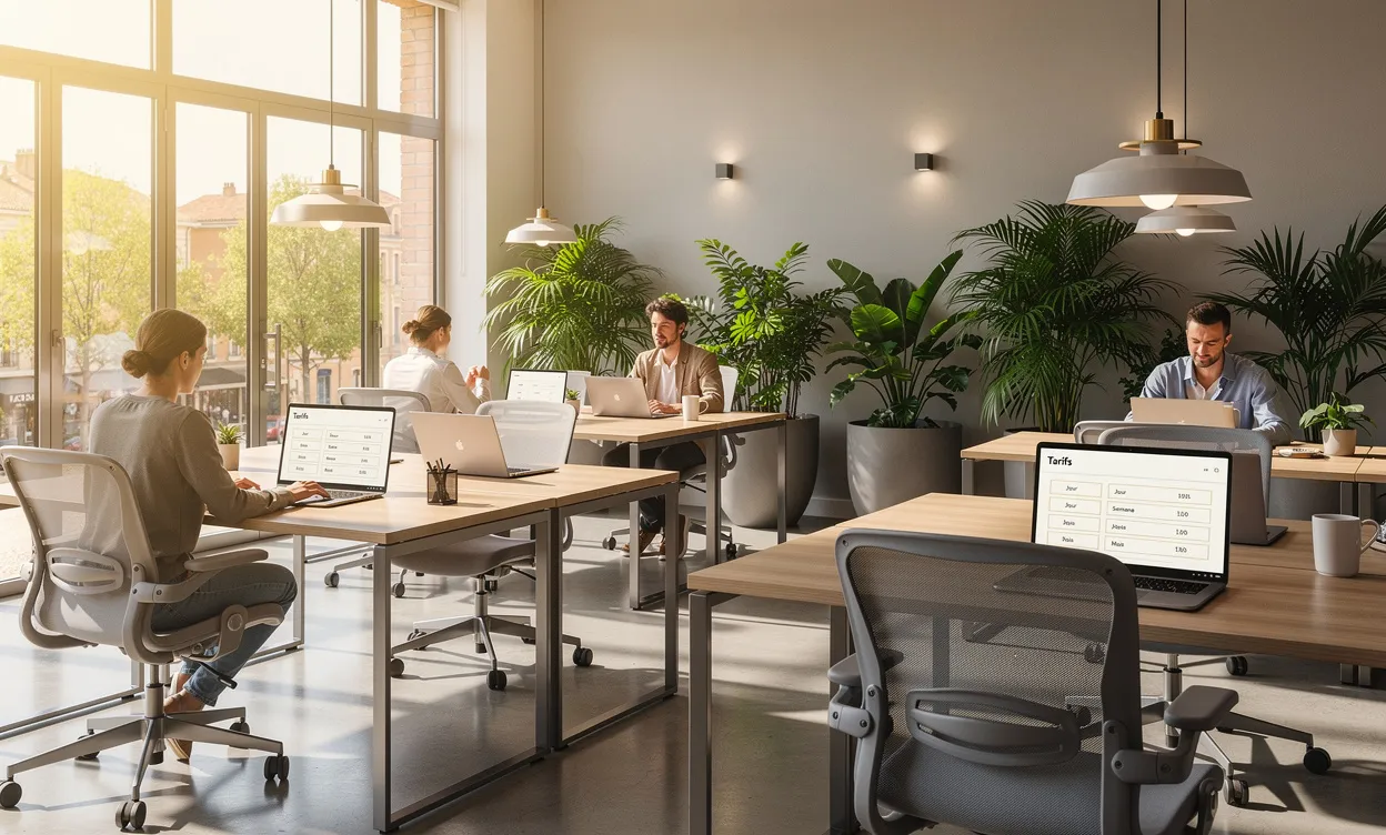 Un espace de coworking lumineux à Toulouse avec des bureaux modernes, des plantes vertes, des tablettes présentant les tarifs et une ambiance détendue.