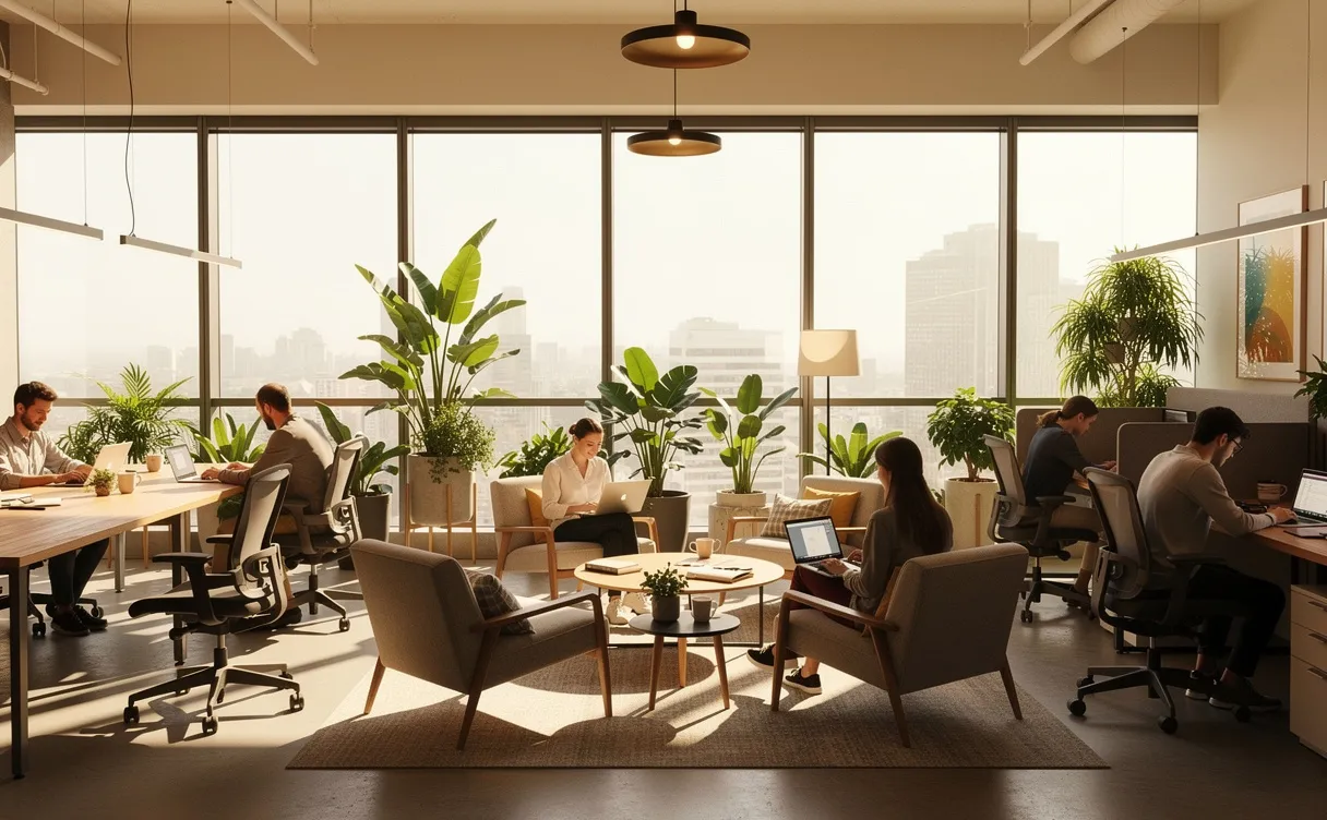 Espace de coworking moderne avec trois zones de sièges, grandes fenêtres lumineuses, plantes d’intérieur et personnes travaillant sur des ordinateurs portables.