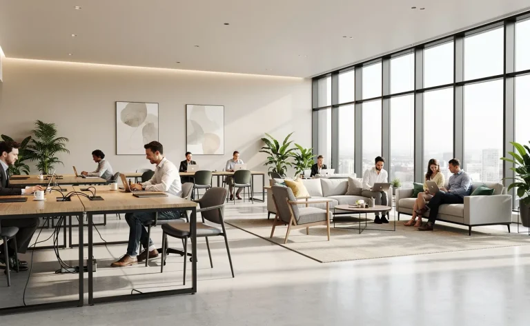 Un espace de travail moderne avec des bureaux partagés, quelques employés en activité et une lumière naturelle traversant de grandes fenêtres.