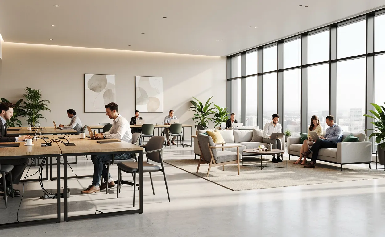 Un espace de travail moderne avec des bureaux partagés, quelques employés en activité et une lumière naturelle traversant de grandes fenêtres.
