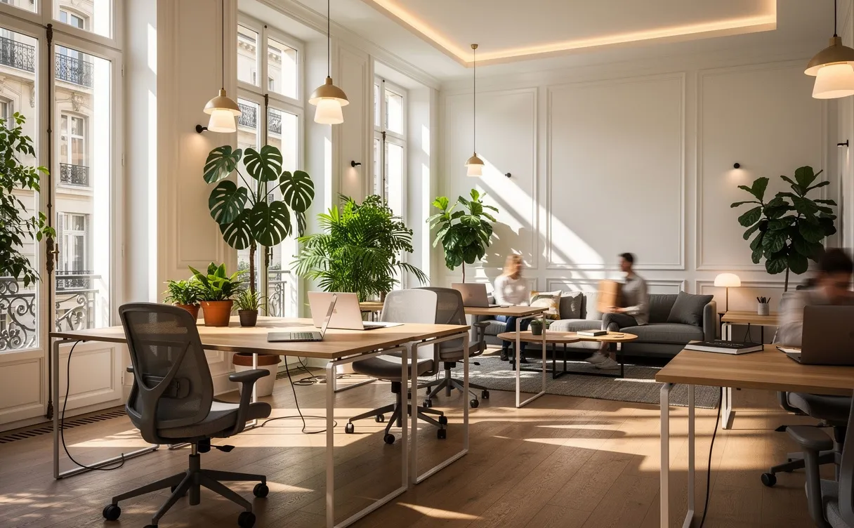 Un espace de coworking moderne à Paris avec des bureaux élégants, des plantes d'intérieur et de la lumière naturelle traversant de grandes fenêtres.