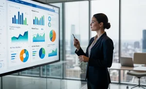 Une femme d'affaires examine des infographies colorées sur un grand écran numérique dans un bureau moderne baigné de lumière naturelle.
