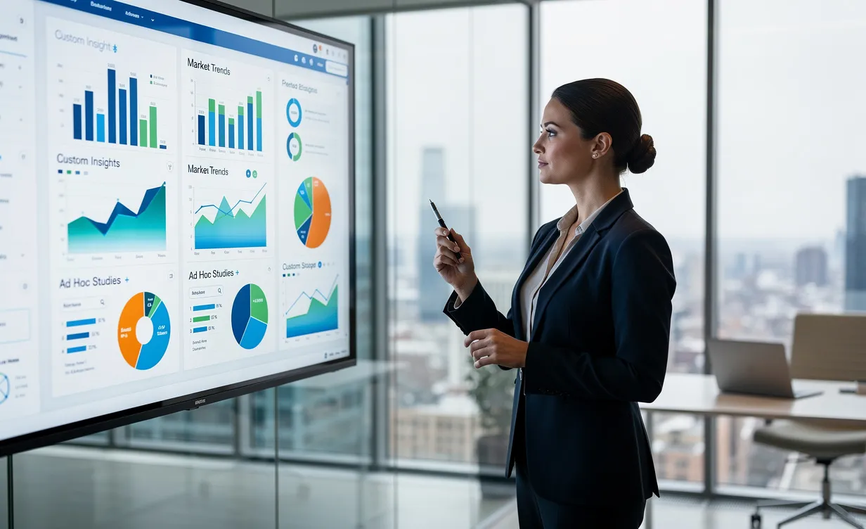 Une femme d'affaires examine des infographies colorées sur un grand écran numérique dans un bureau moderne baigné de lumière naturelle.