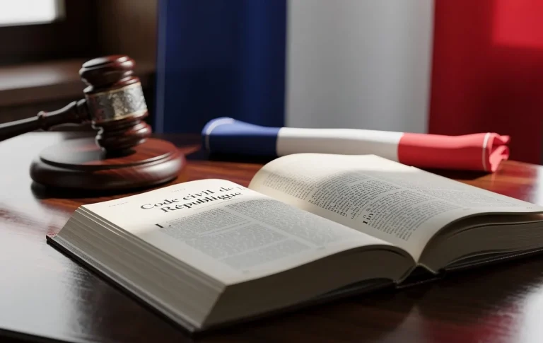 Un livre de droit français ouvert repose à côté d’un marteau de juge et d’un drapeau français sous une lumière naturelle.