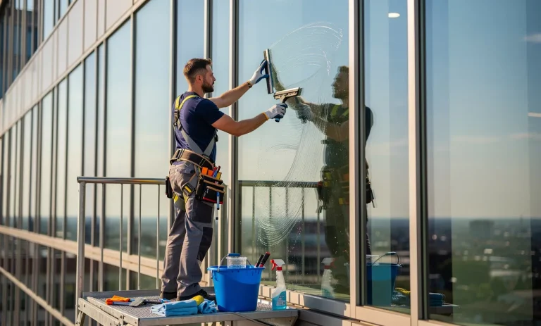 Un laveur de vitres en tenue de travail nettoie une vitre d’un immeuble moderne avec ses outils près de lui sous un ciel bleu lumineux.