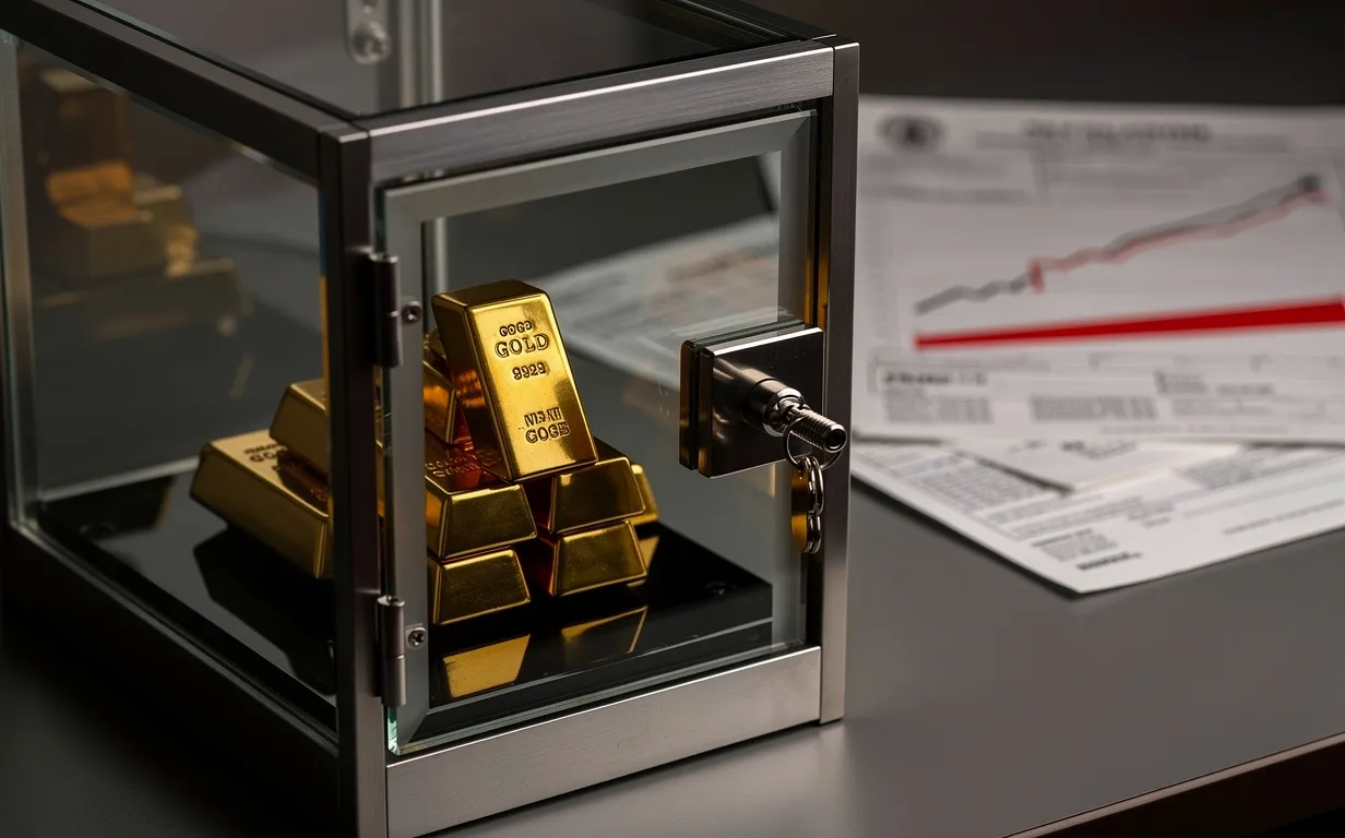 Une vitrine en verre fermée à clé contenant des lingots d’or apparaît devant des formulaires fiscaux flous et un graphique financier avec une ligne rouge marquée.