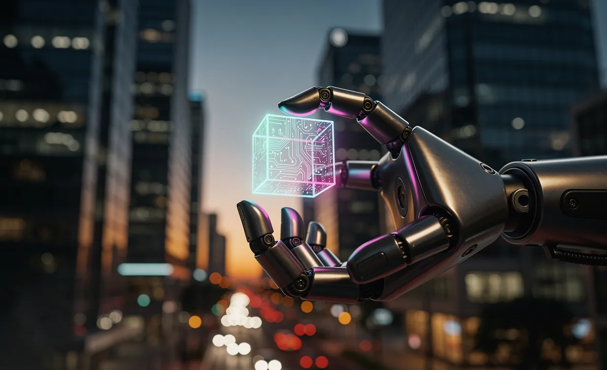 Un bras robotique moderne tient délicatement un cube holographique lumineux devant un paysage urbain flou au crépuscule.