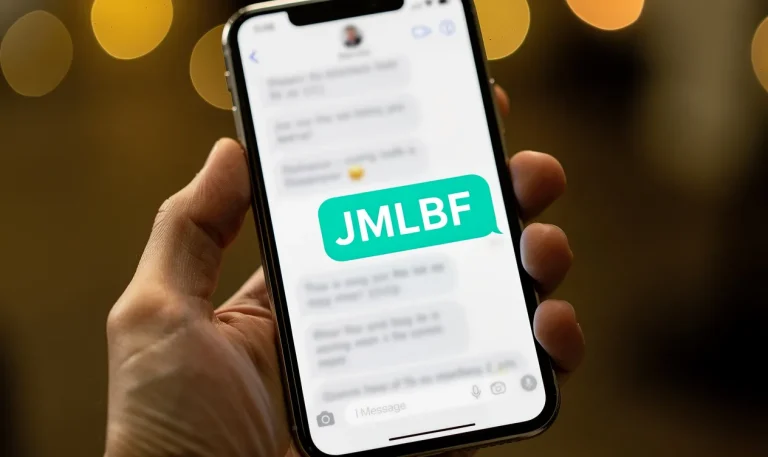 Un smartphone tenu à la main affiche une conversation où JMLBF apparaît en surbrillance dans une bulle colorée sur fond de lumières floues.
