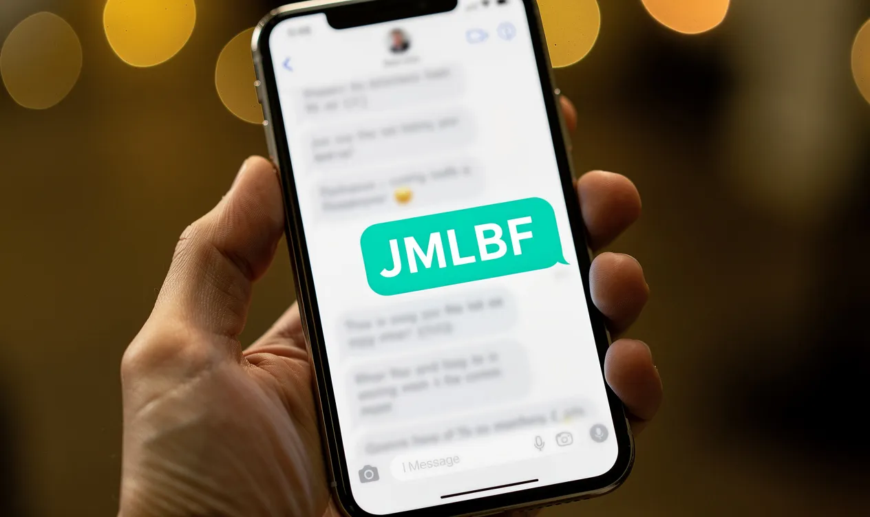 Un smartphone tenu à la main affiche une conversation où JMLBF apparaît en surbrillance dans une bulle colorée sur fond de lumières floues.