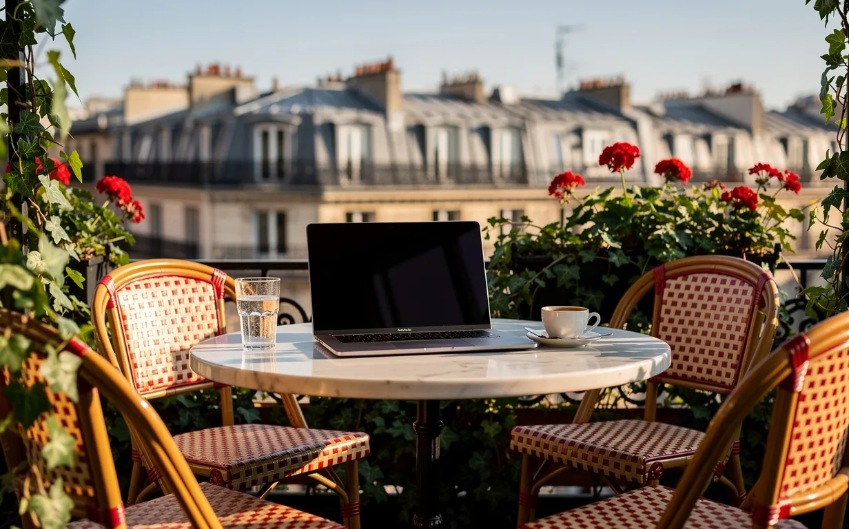 Un ordinateur portable ouvert sur la terrasse d’un café parisien, entouré de chaises et de plantes, avec des toits parisiens à l’arrière-plan sous une lumière douce.