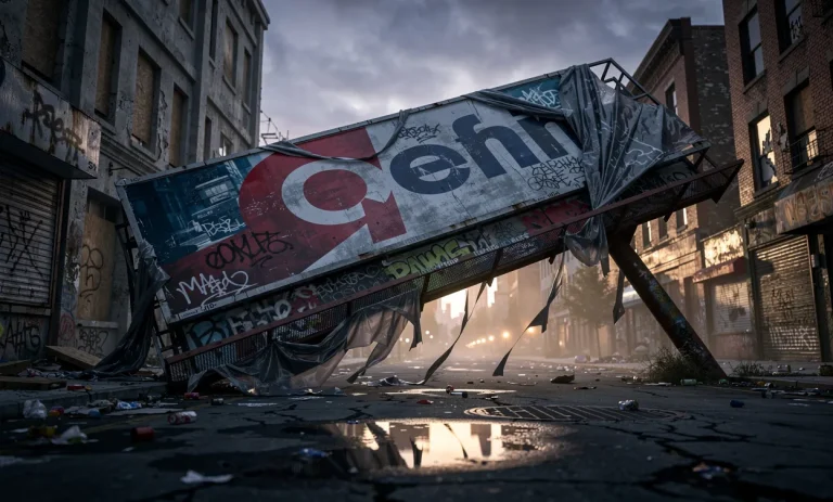 Un panneau publicitaire renversé et abîmé, couvert de graffitis et de tissu déchiré, repose dans une rue urbaine déserte au crépuscule.