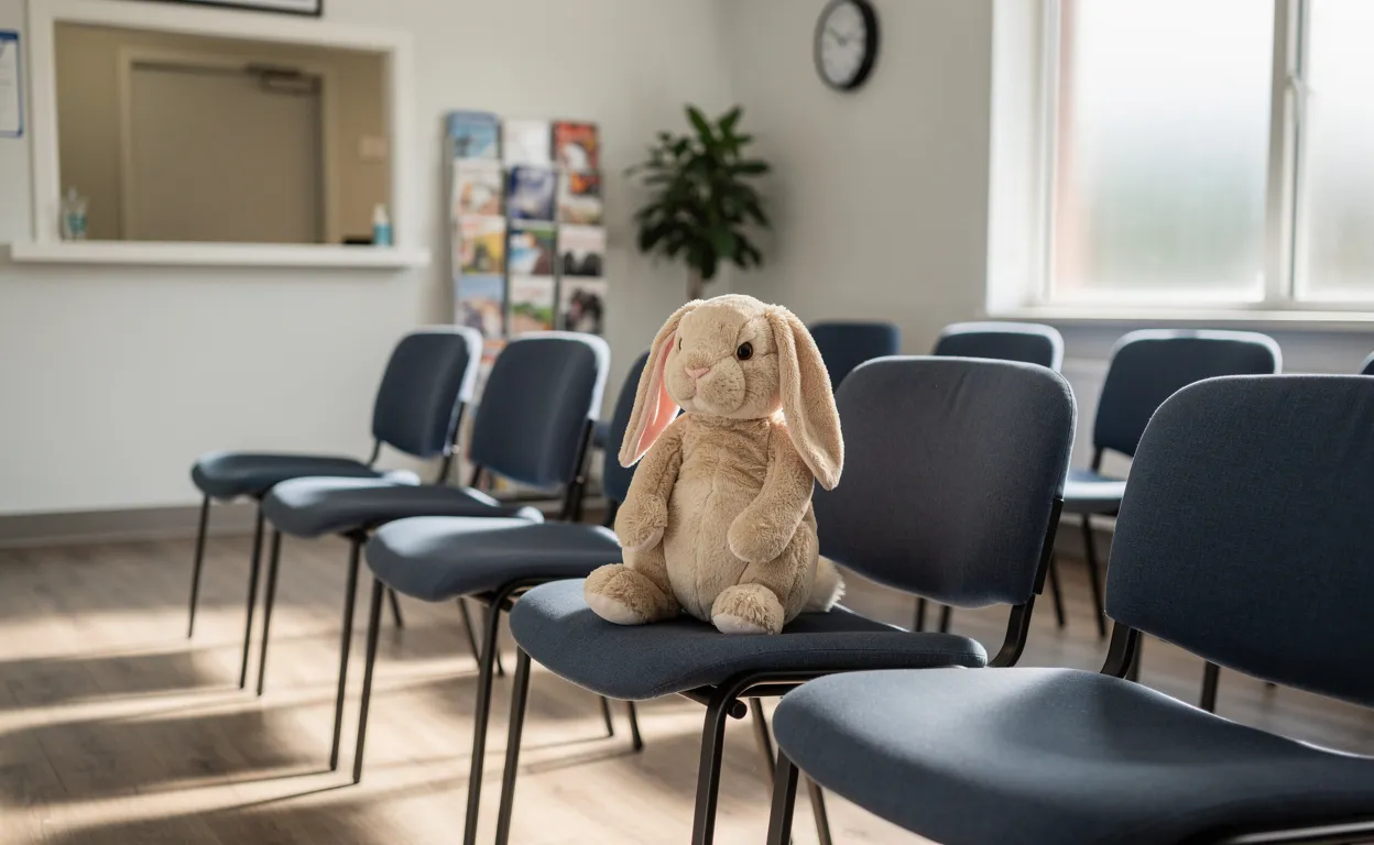 Une salle d’attente vide au cabinet médical avec un lapin en peluche oublié sur une chaise et la lumière du soleil traversant des fenêtres dépolies.