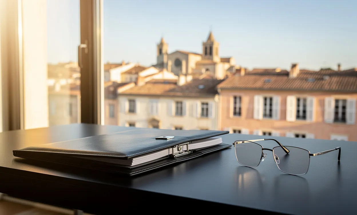 Un porte-documents professionnel et une paire de lunettes élégantes posés sur un bureau devant une vue ensoleillée d’Aix-en-Provence.