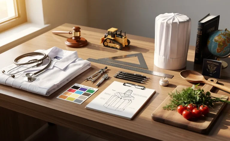 Un bureau éclairé par la lumière du matin présente un stéthoscope, des outils de dessin et une toque de chef illustrant plusieurs métiers commençant par D.