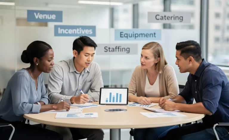 Quatre personnes en tenue professionnelle décontractée discutent autour d'une table moderne avec des documents et une tablette, tandis que des étiquettes en arrière-plan indiquent différents coûts liés à l'organisation.