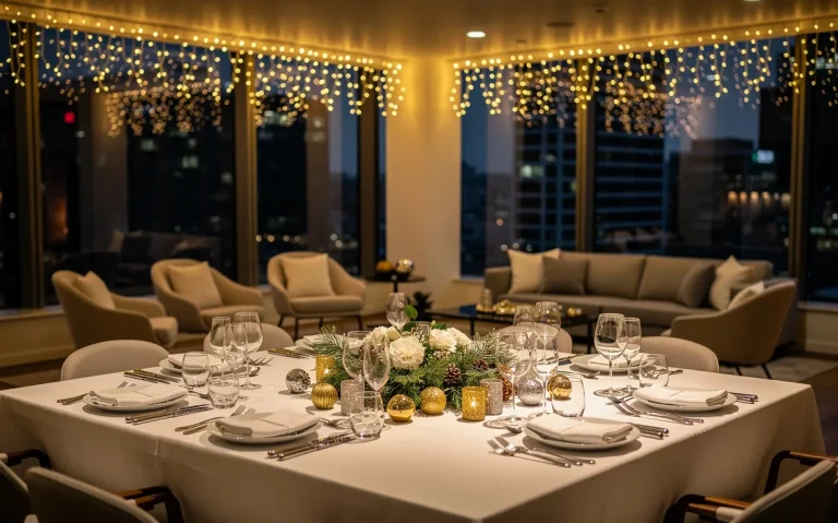Un salon de bureau élégant, éclairé par des guirlandes dorées, avec une table festive dressée pour une célébration d’entreprise en fin d’année et quelques décorations scintillantes.
