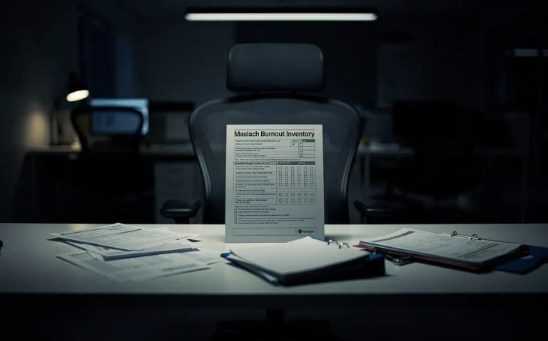 Un fauteuil de bureau seul dans un espace de travail sombre, avec des papiers épars et un questionnaire Maslach Burnout Inventory éclairé sur le bureau.
